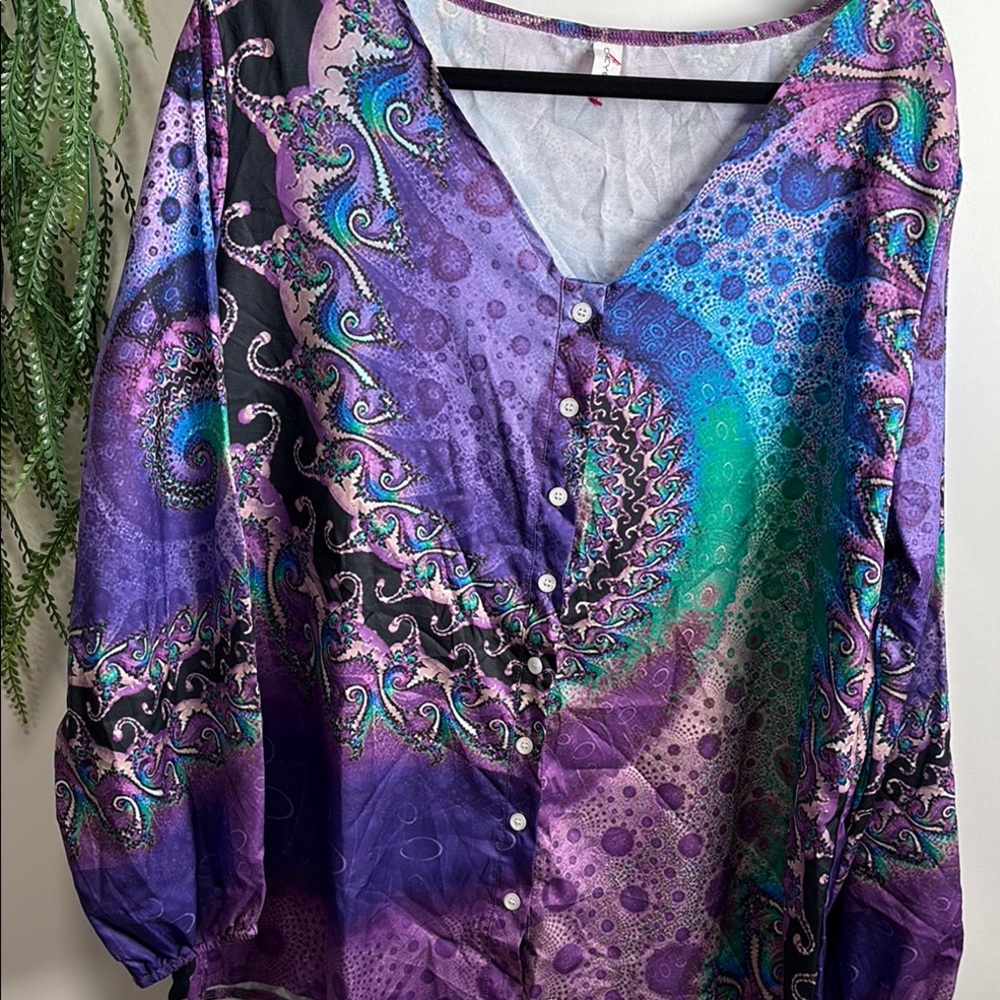 Purple and Blue Graphic Buttoned Blouse